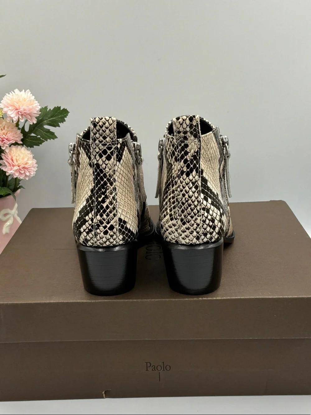 Paolo Snake-Print Ankle Booties in Beige and Black